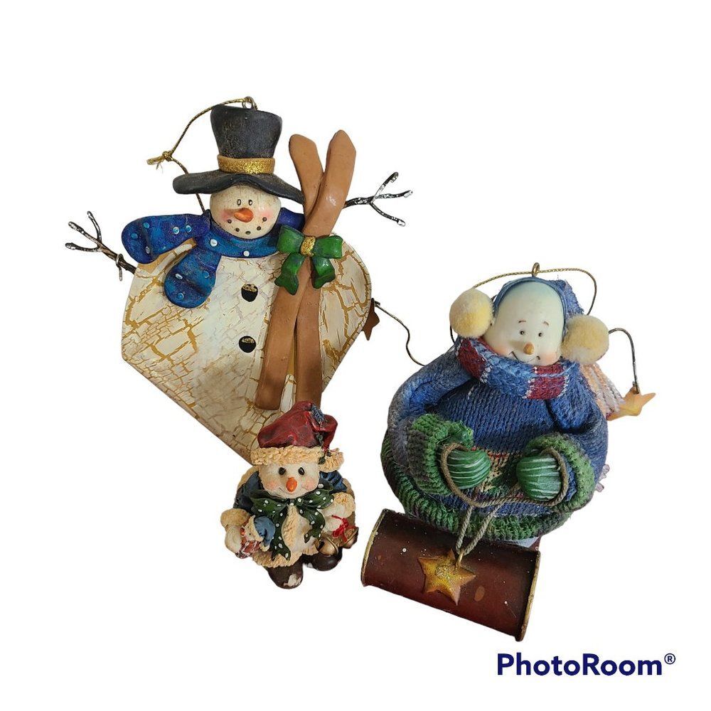 Vintage Christmas Holiday Winter Christmas Ornaments & Shelf Snowmen Set of 3
